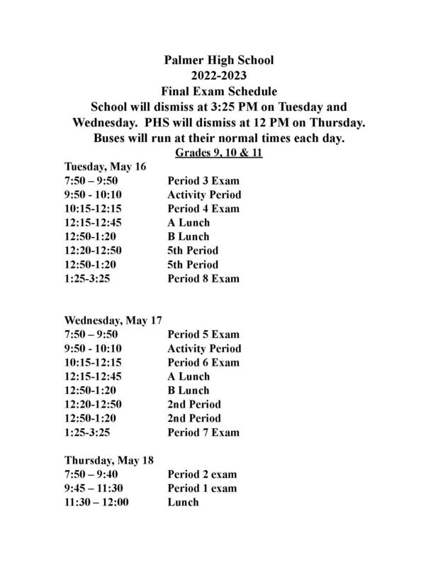 Final Exam Schedule for Grades 911 High School
